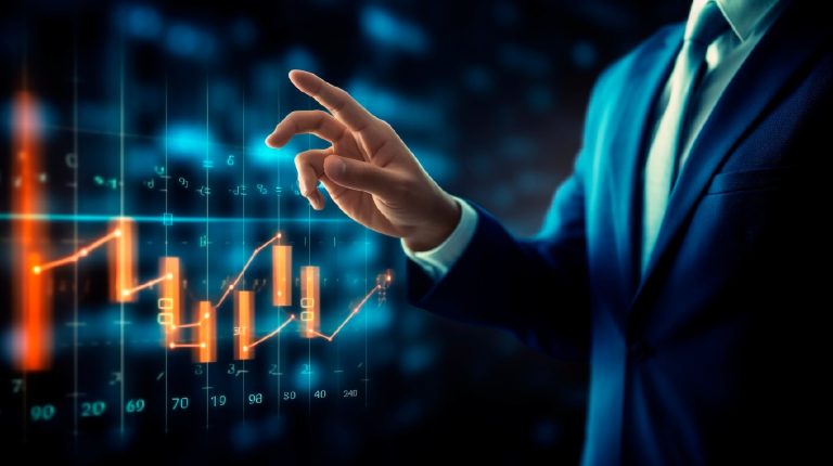 Businessman with a business data graph diagram analyzes indicators. Digital business chart hologram graphics